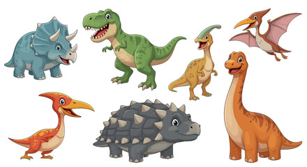 Naklejka premium Colorful Cartoon Dinosaurs Smiling and Standing on White Background 