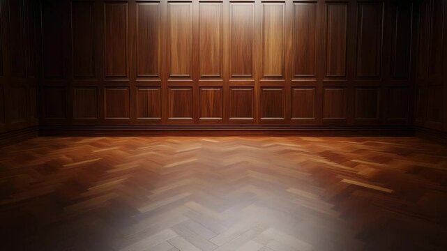 Empty room with polished hardwood parquet floor and wood paneled wall, warm lighting enhances cozy elegant interior featuring herringbone pattern and refined wood paneling design