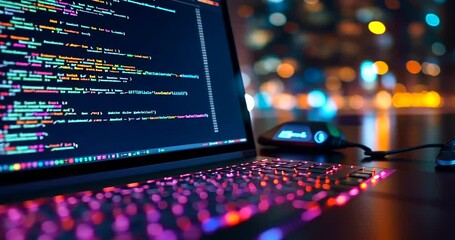 Colorful laptop keyboard illuminated at night coding session