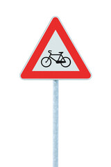 Cyclists cycle route ahead warning road sign, isolated vertical white triangular dangerous highway traffic lane crossing signage closeup, black bicycle silhouette in red frame, grey metallic pole post