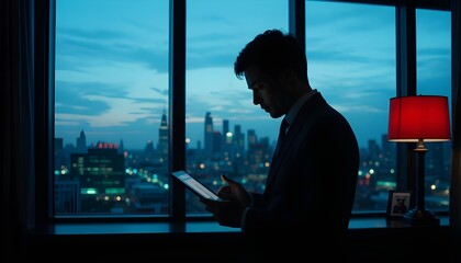 Businessman uses tablet at night overlooking a city skyline during twilight hours