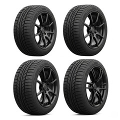 four isolated black automotive tires with rims.
