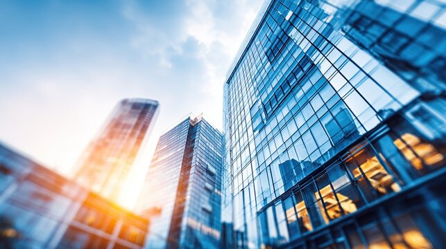 Skyscraper reflections sparkle in sunlight, view is looking up, glass facade