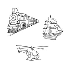 Black and White Line Art Illustration of Transportation Vehicles