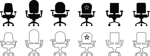 Stylish office chair icon set featuring ergonomic designs in black and outline stroke aesthetics perfect for representing comfortable seating for working at a desk. Piece of furniture for living room,