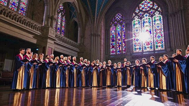 Wide-angle shot of a choir in a cathedral, capturing stained glass windows and robes, creating a dramatic and reverent video atmosphere.