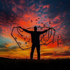 A silhouette shedding chains under a vibrant sky
