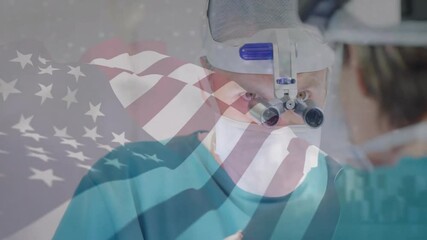 Console illuminating medical monitor, surgeon adjusting loupe, performing surgery with flag overlay - Powered by Adobe