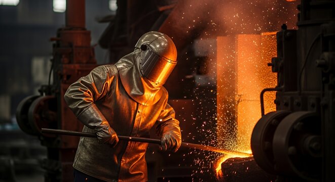 Steelworker in protective gear working with molten metal and sparks in a foundry