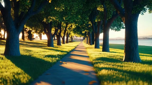 Tree pathway sunlight park grass nature peaceful outdoor landscape morning green shadow walkway environment summer tranquil scenic foliage bright natural garden quiet horizon sunlight beam lawn