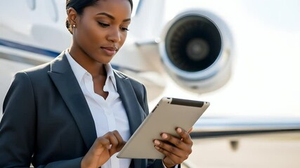 Businesswoman using tablet by private jet, showcasing corporate travel and luxury lifestyle. Ideal for illustrating business solutions, high-end technology, and executive leadership. - Powered by Adobe