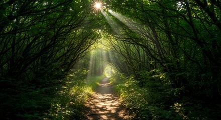 Sunbeams illuminate a forest path creating a tunnel of green foliage