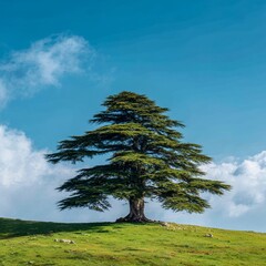 Obraz premium a single majestic cedar of Lebanon tree standing alone on a green hilltop under a blue sky