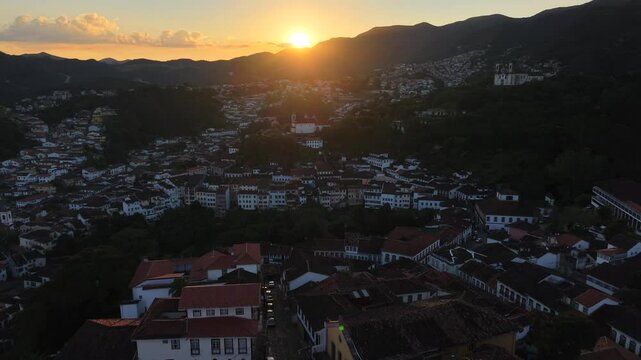 Aerial view of the historic center of Ouro Preto, Minas Gerais, Brazil - historic city founded in the 18th century during the Gold Cycle with houses of Portuguese colonial architecture and baroque chu