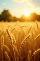 Fototapeta premium Golden wheat field bathed in autumn sunlight, bokeh effect , decoration, autumn