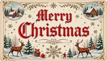 this is an illustrated image featuring a vintage style christmas card design. at the center of the image, there's a sign with ornate borders that reads "merry christmas
