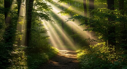 Fototapeta premium Sunlight Piercing Through a Misty Forest Path