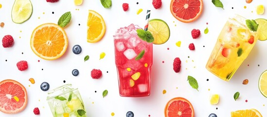 Fresh fruit and drink flat lay