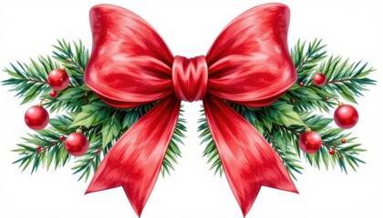 a festive scene centered around a christmas wreath adorned with red ribbon and bow. two large bows flank the wreath, their glossy sheen reflecting light