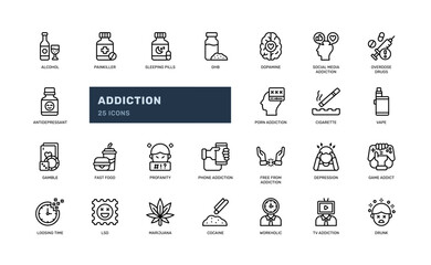 Addiction Outline Icon Set with Substance Abuse and Mental Health
