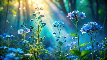 Fototapeta premium Enchanted Forest Sunbeams Illuminate a Field of Vibrant Blue Flowers at Dawn