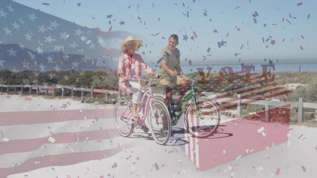 Woman pushing off foot and man matching pace, riding cruisers under US flag overlay, VOTE graphic