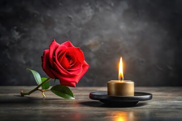 Fototapeta premium A single red rose and a burning candle on a dark surface, symbolizing remembrance and quiet reflection