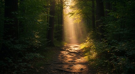 Obraz premium Sunlit Path Through a Dense Forest with Golden Rays of Light