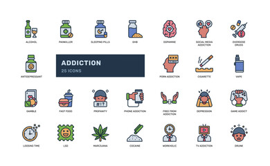 Addiction Icon Set with Substance and Behavior Symbols