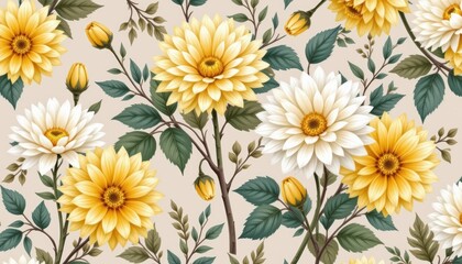 a seamless pattern featuring a floral motif with yellow flowers and green foliage, reminiscent of daisies.