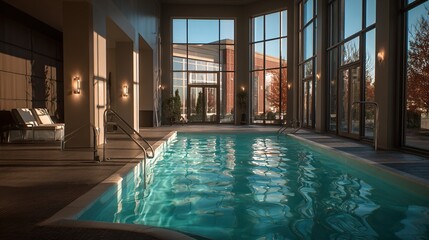 Fototapeta premium Sunlit indoor swimming pool with large windows, blurred background and lounge chairs