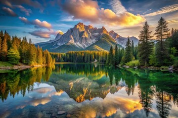 Obraz premium Serene Mountain Lake Reflecting a Golden Sunrise Over Majestic Peaks and Verdant Coniferous Forest