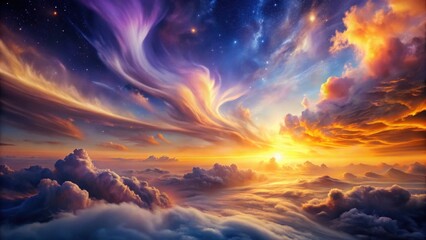Obraz premium A breathtaking celestial sunrise showcasing vibrant, swirling clouds above a sea of fluffy clouds, bathed in the golden light of dawn and the twinkling stars of night.