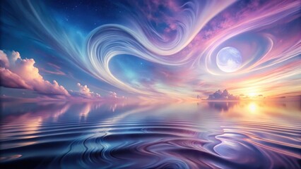Serene Waters Reflecting a Dreamlike Celestial Sunset with Swirling Clouds and a Distant Planet