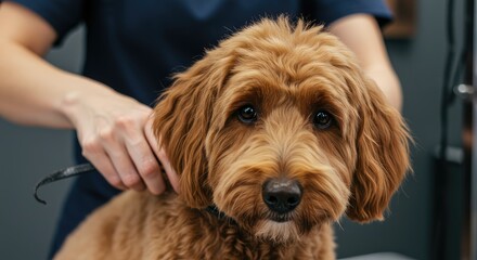 A dog getting a collar adjusted by a person