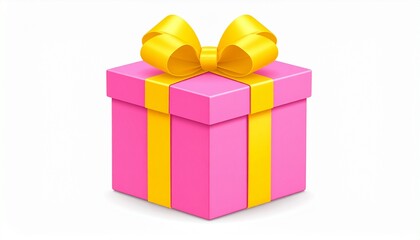 Fototapeta premium Birthday gift box illustration with ribbon bow, pink and yellow palette, 3D render style or clean vector, for children's birthday invite layout