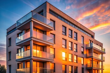 Obraz premium Modern Apartment Building at Sunset with Balconies and Windows Reflecting Golden Light