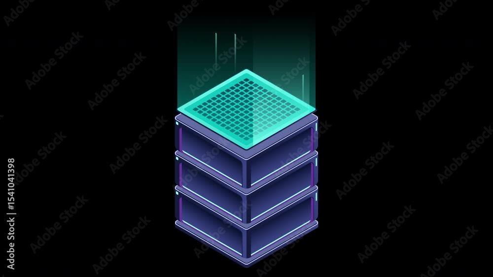Poster Isometric futuristic server animation. Isometric database or data center. Abstract blockchain. Computer storage. Cloud storage. Transparent background with alpha channel