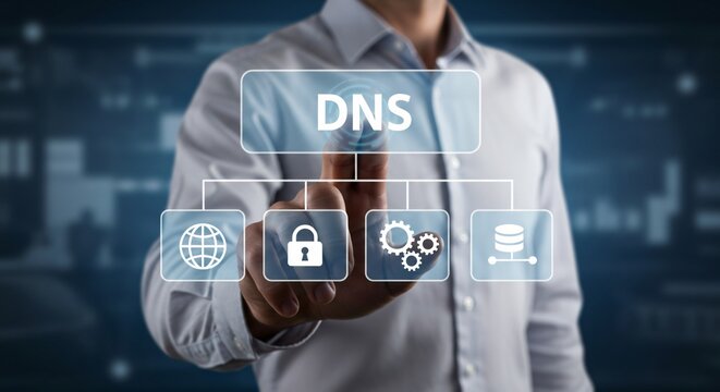 A person interacting with a dns domain name system interface on a digital screen display setup