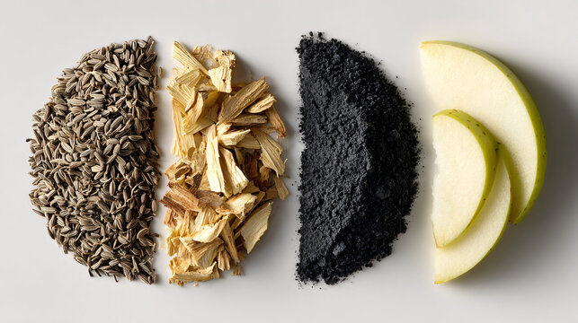 Apple slices charcoal cumin seeds food flat lay