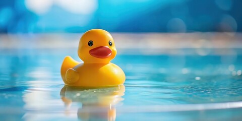 A cheerful yellow rubber duck afloat on a tranquil blue water surface, reflecting sunlight, symbolizing carefree summer days and playful childhood memories.