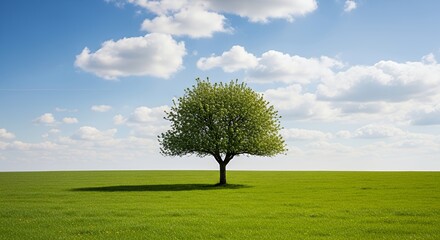 Tranquil Meadow Scene with Solitary Tree Under a Cloudy Sky