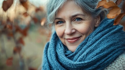 Muted blue scarf around an elderly woman smiling after self-care--trustworthy and gentle, for use in pharmacy ads