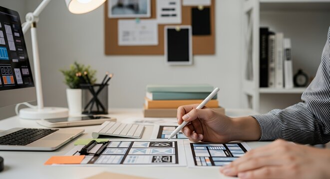 UIUX Designer Working on Website Wireframes at Desk with Computer and Tablet