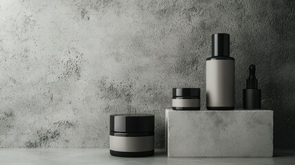 Skincare packaging in soft gray on concrete, creating a bold and formal vibe useful for corporate marketing and design studios