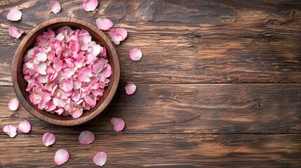 Soft pink petals and brown wood textures in a self-care setup for nurses after a long shift, relaxed and elegant--great for website designers