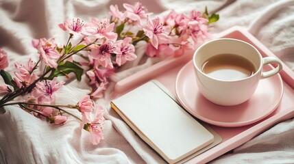 Soft pink flower-themed self-care tray next to elderly personâ€™s book--gentle and optimistic, made for publishers