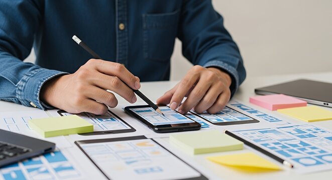 User interface designer sketching mobile app layout on a smartphone - Powered by Adobe