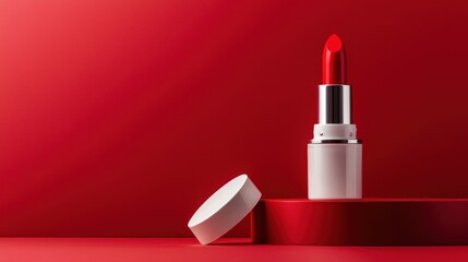 Vibrant red lipstick next to red skincare cream energetic and bold for fashion-forward ad teams