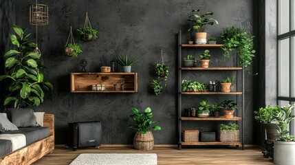 The space includes muted gray walls, indoor plants, and warm wooden elements